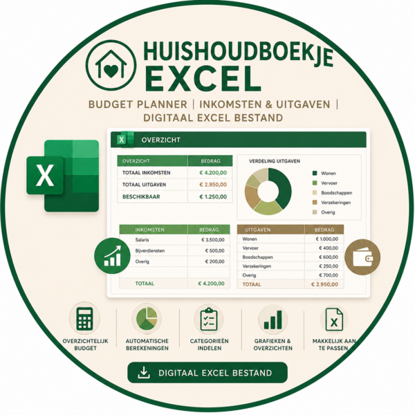 Huishoudboekje Excel | Budget Planner | Inkomsten & Uitgaven | Digitaal Excel Bestand